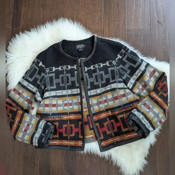Pendleton Virgin Wool Leather Trim Open Bomber Blazer Jacket Sweater L Large - Picture 1 of 10